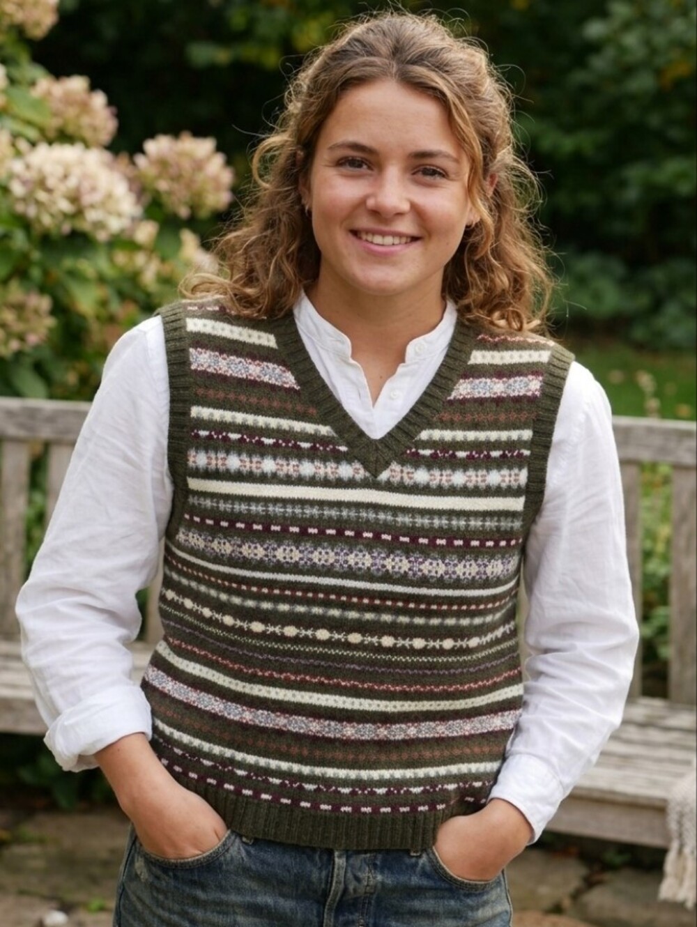 100% Lambswool Vintage Olive Multi-Stripe Fair Isle V-Neck Sweater Vest Preppy L